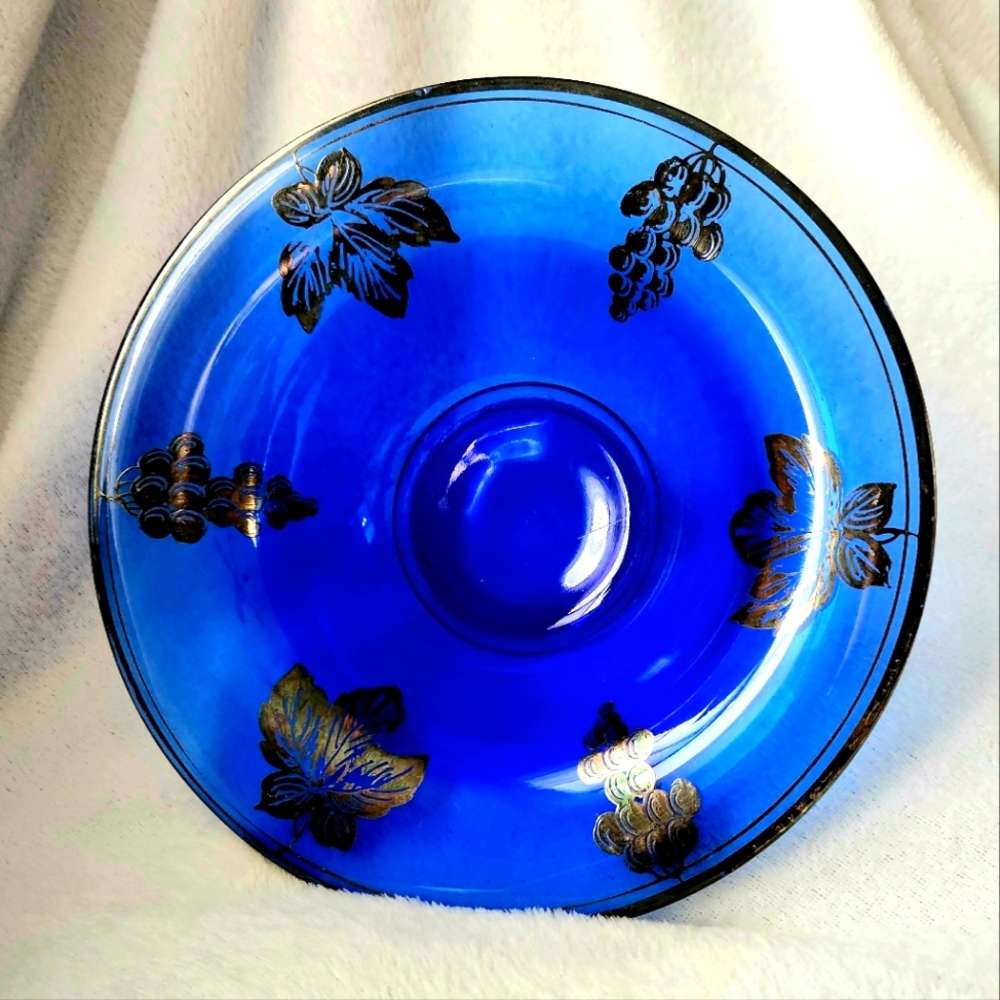 Vintage‎ Tiffin Cobalt Blue Glass Leaf Rimmed Bowl Gold Overlay